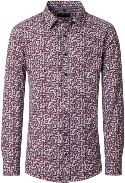 CASA MODA Sport comfort fit overhemd - twill - wit met blauw - bordeaux en beige dessin - Strijkvriendelijk - Boordmaat: 39 - 40