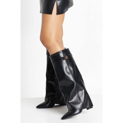 boohoo Dames Brede pasvorm omgeslagen kniehoge stiletto laars | Zwart | Maat: 36