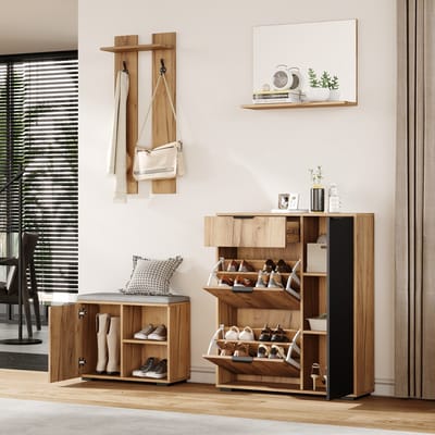 Schoenenkast - 140x35x139 cm - Met Schoenenbank En Kast - Spiegel En Lade - Naturel/Zwart
