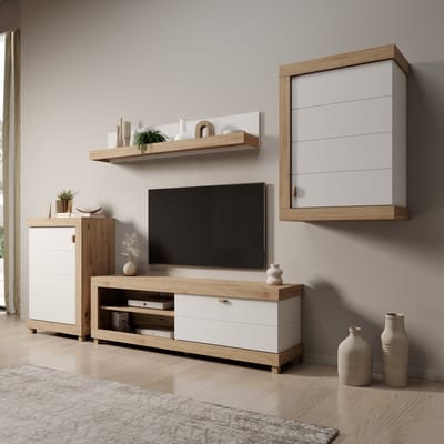 Meubella - Havero - Wandmeubel - Eikenpatroon/Wit - 297x35x180 cm