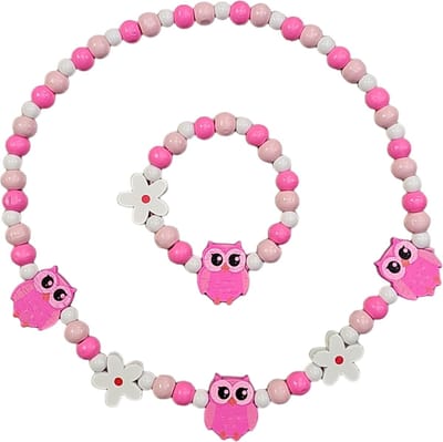 Fako Bijoux® - Kinderketting en Armband - Hout - Uiltjes & Bloemetjes Roze