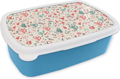Broodtrommel Blauw - Lunchbox - Brooddoos - Cactus - Bloemen - Pastel - Patronen - 18x12x6 cm - Kinderen - Jongen