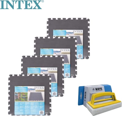Intex - Zwembadtegels Grijs - 4 verpakkingen van 8 tegels - 8m² & WAYS scrubborstel