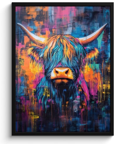 Poster in lijst - Fotolijst 50x70 cm - Posters - Schotse Hooglander - Abstract - Kleurrijk - Posterlijst zwart - Decoratie - Wanddecoratie woonkamer - Muurdecoratie slaapkamer