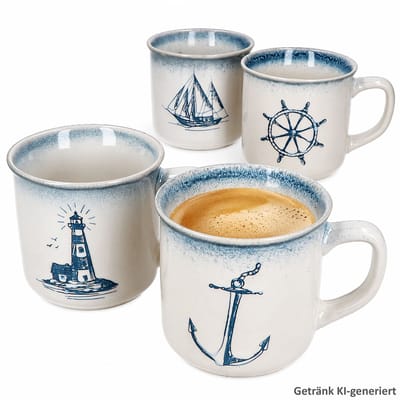 4-delige set MARTIN koffiemokken elk 1x anker, vuurtoren, schip & stuurwiel van keramiek – Q75102800