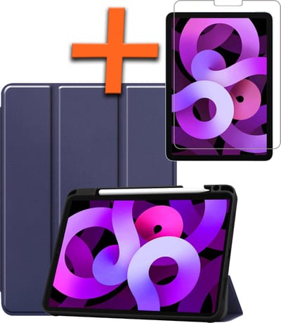 Hoesje - Geschikt voor Apple iPad Air 5 (2022) - 10.9 inch - 5e Generatie - M1 - Met Screenprotector - Trifold Bookcase - Hard Cover Case - Met Uitsparing Geschikt voor Apple Pencil - Hardcover Book - Tablet Hoes - Donkerblauw
