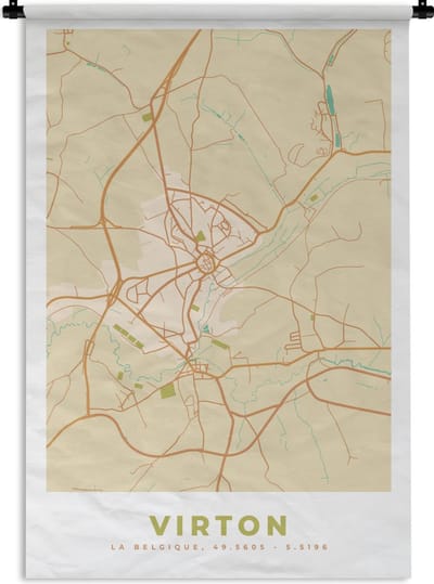 Wandkleed - Wanddoek - Kaart - Retro - Vintage - Virton - Plattegrond - Stadskaart - 120x180 cm - Wandtapijt