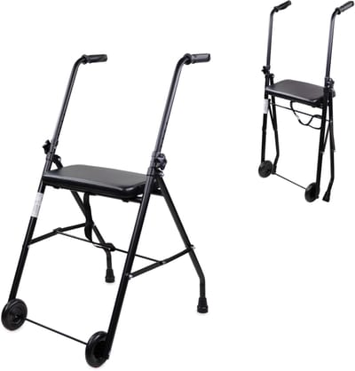 Mobiclinic Emerita - Looprek met wielen - Lichtgewicht en Inklapbaar - Opvouwbaar - Rollator - Met 2 wielen - Gewatteerde zitting - In hoogte verstelbaar - Antislip - Zwart