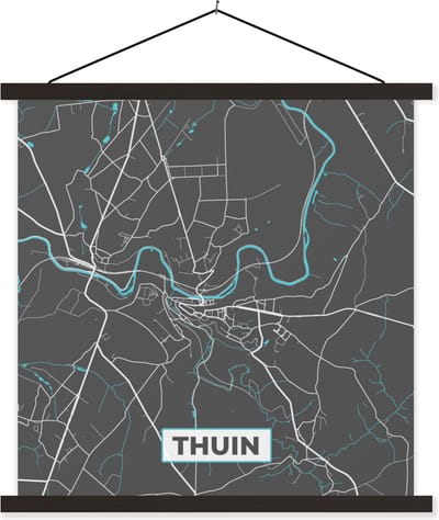 Posterhanger incl. Poster 60x60 cm - Schoolplaat - Plattegrond – Thuin – Blauw – Stadskaart - Kaart - België - Textielposter - Zwarte latten - Stadskaart