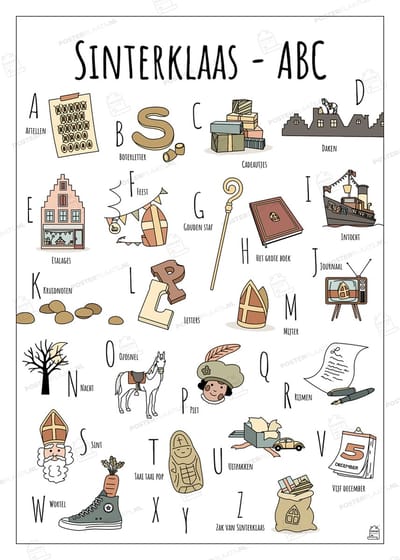 ABC Poster Sinterklaas - 50 x 70 cm - Educatieve Letterposter met Handgetekende Illustraties - Kinderkamer & Wanddecoratie - Woondecoratie - Relatiegeschenk