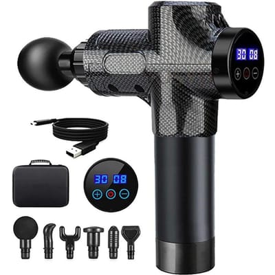 Professioneel massagepistool met LCD-digitaal display en 99 standen voor het instellen van de massage op het lichaam, armen, benen en rug voor een diepe massage. Type c charge gray