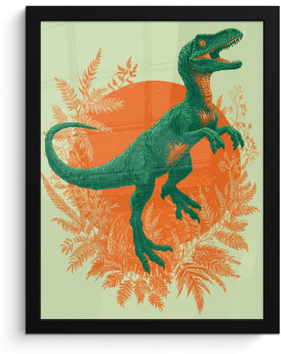 Poster in lijst - Fotolijst 30x40 cm - Posters - Dinosaurus - Groen - Planten - Cirkel - Posterlijst zwart - Decoratie - Wanddecoratie woonkamer - Muurdecoratie slaapkamer
