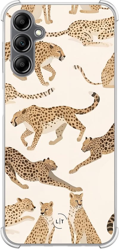 Shockproof hoesje - Geschikt voor Samsung Galaxy A14 5G - Cheetah - Extra sterke case - TPU/polycarbonaat - Print / Illustratie - Bruin, Transparant