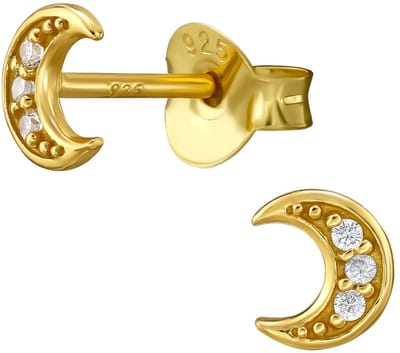 Joy|S - Zilveren maan oorbellen - 4 x 5 mm - zirkonia - oorknoppen - goldplated - kinderoorbellen - goudkleur