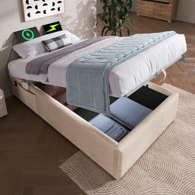 DESMIU Gestoffeerd Bed 90 Cm Zonder Matras Met Oplaadfunctie En Gasveer Opbergruimte Voor Slaapkamer Linnen Beige Natuurlijk