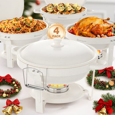 WARMOUNTS Chafing Dish 4-delige Set 4,7L – Ronde Buffet Warmer van RVS met Dekselhouder, Stapelbaar – Voor Catering, Bruiloften & Feesten, Wit