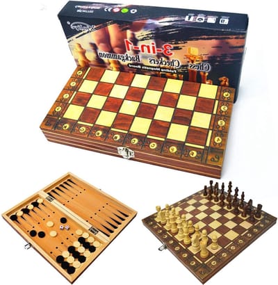Houten Schaakbord Set - Reis Spelletjes - Familie Entertainment - Drie Spellen In Een - 24x24cm - Houtkleur