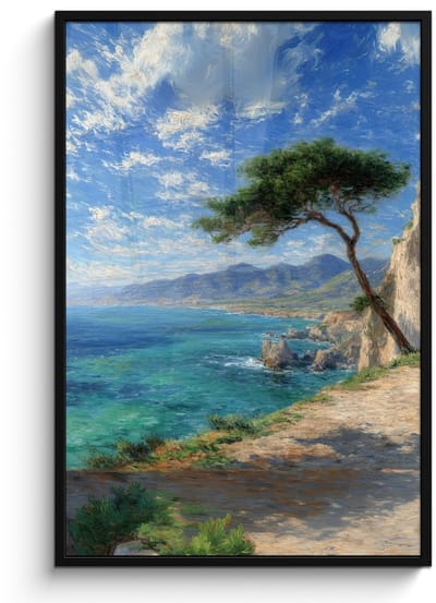 Poster in lijst - Fotolijst 80x120 cm - Posters - Rotsen - Kustlijn - Boom - Bergen - Posterlijst zwart - Decoratie - Wanddecoratie woonkamer - Muurdecoratie slaapkamer