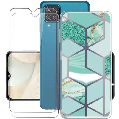 Telefoonhoesje - Samsung - Galaxy A12/M12 - Groen marmer - Soepel TPU - Gehard glas film transparant