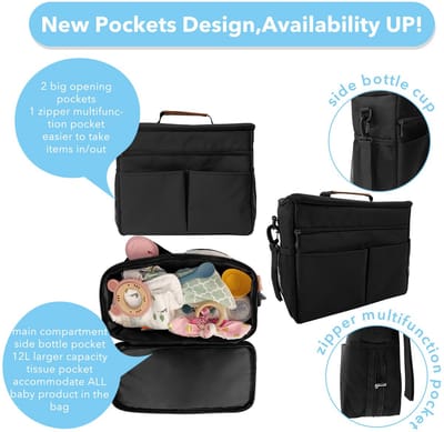 Organizer voor kinderwagen, organizer, ritssluiting, opbergtas, sterren, kinderwagen, schouderriem en grote opbergruimte voor kinderen, luiers