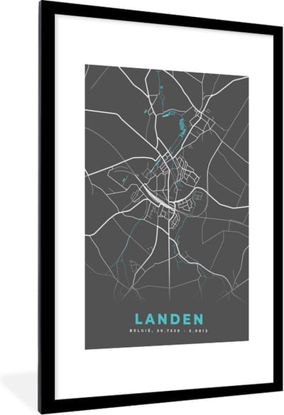 Fotolijst incl. Poster - Stadskaart – Grijs - Kaart – Landen – België – Plattegrond - 60x90 cm - Posterlijst