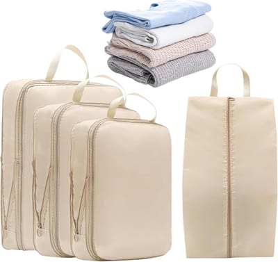 Reis Koffer Organizers - Opbergzakken Set - Bagage Ordenen - Dubbele Rits Compressie - 4 Stuks - Beige