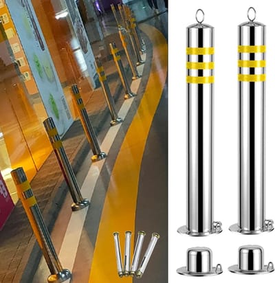 Veiligheidspalen Set - Parkeerpalen - Gebied Beveiligen - Afneembaar Ontwerp - 75 cm Hoog - Zilver Geel