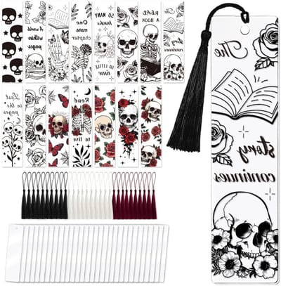 90 Stuks Schedel en Bloemen Bladwijzers, UV-DTF Knutselset voor Volwassenen, DIY Gepersonaliseerde Stickers voor Scholieren en Leraren