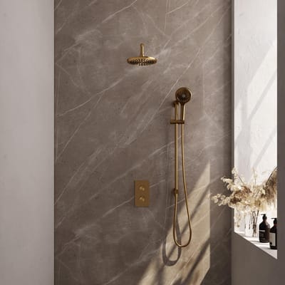 Brauer Gold Carving Thermostatische Regendoucheset Inbouw - Hoofddouche 20 cm - Gebogen Wandarm - 3 Weg - Handdouche 3 Standen - Doucheslang - Geintegreerde Glijstang - Geborsteld Goud