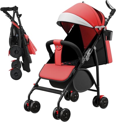 Kinderwagen Baby - Compacte wandelwagen - Veilig op reis - Schokabsorberend wiel - Tot 36 kg - Rood