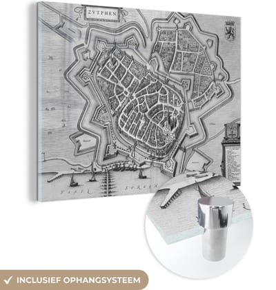 MuchoWow® Glasschilderij 40x30 cm - Schilderij acrylglas - Stadskaart - Zutphen - Antiek - Foto op glas - Schilderijen - Plattegrond