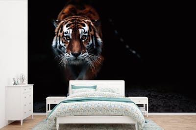 Behang - Fotobehang Dieren - Tijger - Zwart - Wild - Portret - Breedte 390 cm x hoogte 260 cm