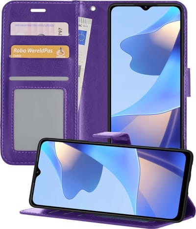Hoesje - Geschikt voor OPPO A16 - Luxe Bookcase - Walletcase Hoes - Portemonnee - Cover - Telefoonhoes - Paars