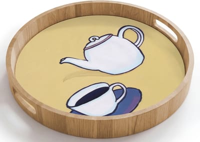 Dienblad rond 40x40 cm - Schootdienblad hout - Theepot - Kopje - Beige - Illustratie - Borrelplank rechthoek - Plateau houten dienbladen