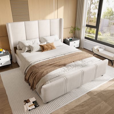 MEUNIQ gestoffeerd bedframe 140x200 cm met hoog hoofdbord en hoog voetbord, USB- en Type-C-aansluitingen, tweepersoons bed voor slaapkamer, beige