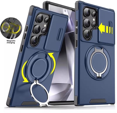 Hoesje Geschikt voor Samsung Galaxy S25 Ultra hoesje Blauw backcover met Met Draaibare Ring Houder en camera bescherming