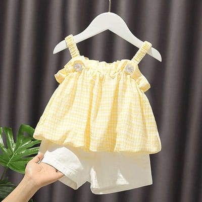 Meisjes Outfit Set Zomer Kleding Sets Hol Kant Pakje Baby Casual Mouwloos T-shirt+Shorts Kinderkleding Sets Babykleding 18M geel