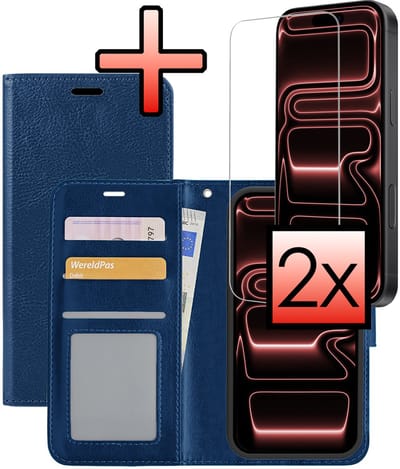 Hoesje - Met 2x Screenprotector - Geschikt voor Apple iPhone 17 Pro - Luxe Pasjeshouder - Bookcase Portemonee - Flip Case - Kunstleer Book Case - Flipcase Hoes - Book Cover - Walletcase - Portemonneehoes - Donkerblauw