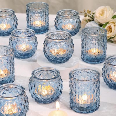 Set van 24 Blauwe Ronde Glazen Votiefkaars Houders voor Decoratie en Feesten
