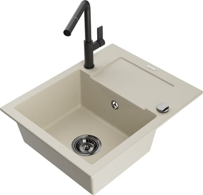Mexen Enzo granieten gootsteen 1-baks met afdruiprek en Flora keukenkraan, beige - 6506-69-670401-70-B