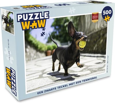 Puzzel Een zwarte Teckel met een tennisbal - Legpuzzel - Puzzel 500 stukjes