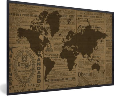 Poster in lijst - Fotolijst 90x60 cm - Posters - Wereldkaart - Bruin - Krant - Posterlijst zwart - Decoratie - Wanddecoratie woonkamer - Muurdecoratie slaapkamer