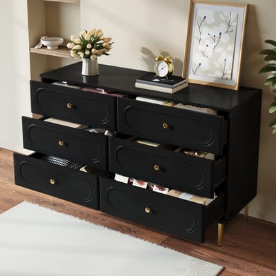 OKWISH Dressoir – Sideboard Met 6 Lades – 120×40×75 cm – Opbergruimte Voor Woonkamer Slaapkamer Hal – MDF Zwart
