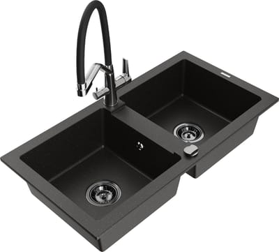 Mexen Mario granieten spoelbak 2-kamer met keukenkraan Duo, zwart/goud metallic - 6504-75-671701-07-B