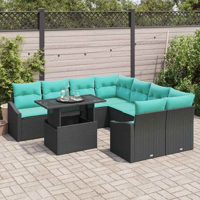 vidaXL - Tuinbank - Set - 9 - st - Zwart - en - Blauw - poly - rattan