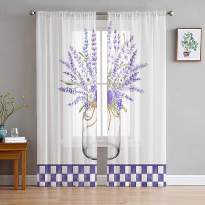Waterverf Lavendelfles Met Paars Ruitpatroon Raam Tule Gordijnen Woonkamer Hotel Luxe Decoratie Transparante Gordijnen 135W x 114H(cm) white