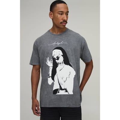 Oversized Gewassen Aaliyah Licentie Print T-shirt | Washed Charcoal | Size XS