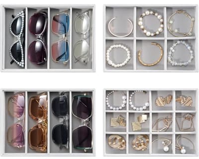 Sieraden en Zonnebril Organizers 2-Delige Set - Stapelbare Opbergdoos voor Oorbellen, Kettingen, Armbanden en Zonnebrillen - Grijs