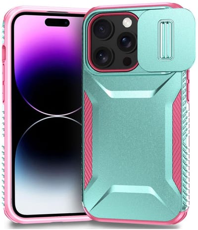 Hoesje Geschikt voor iPhone 14 Pro Max | Back Cover met Camera Slider | Schokbestendige Case | Camera Cover | Stevig | Blauw Roze