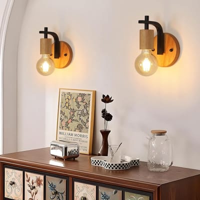 Haobosic - Set van 2 vintage binnenwandlampen, E27, hout en metaal, voor slaapkamer, gang, woonkamer, zwart Gloeilamp niet inbegrepen